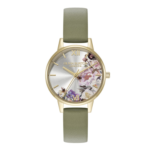 Olivia Burton Signature 30mm Illustrated Florals Gold & Sage Green Leather Strap Watch
