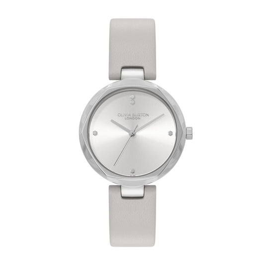 Olivia Burton Classic 32mm Dimension T-Bar Silver & Earl Grey Leather Strap Watch