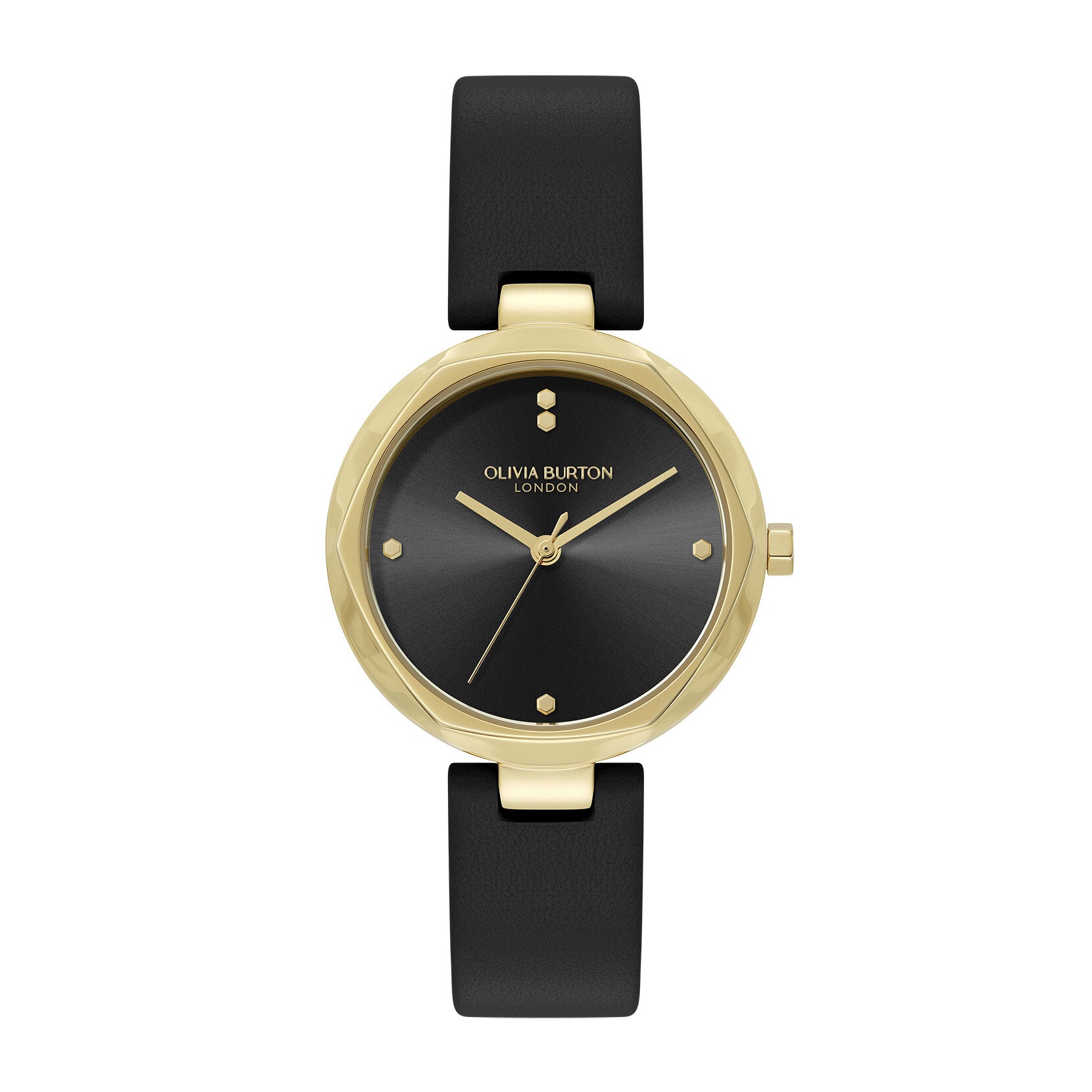 Olivia Burton Classic 32mm Dimension T-Bar Gold & Black Leather Strap Watch