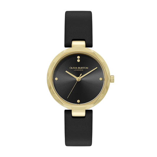 Olivia Burton Classic 32mm Dimension T-Bar Gold & Black Leather Strap Watch
