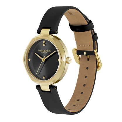 Olivia Burton Classic 32mm Dimension T-Bar Gold & Black Leather Strap Watch
