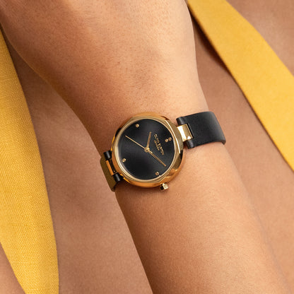 Olivia Burton Classic 32mm Dimension T-Bar Gold & Black Leather Strap Watch