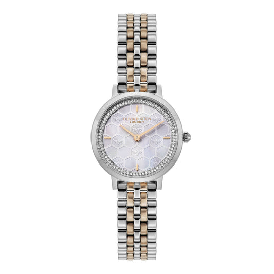 Olivia Burton Signature 28mm Honeycomb Ultra Slim Dove Grey & Two Tone Bracelet Watch