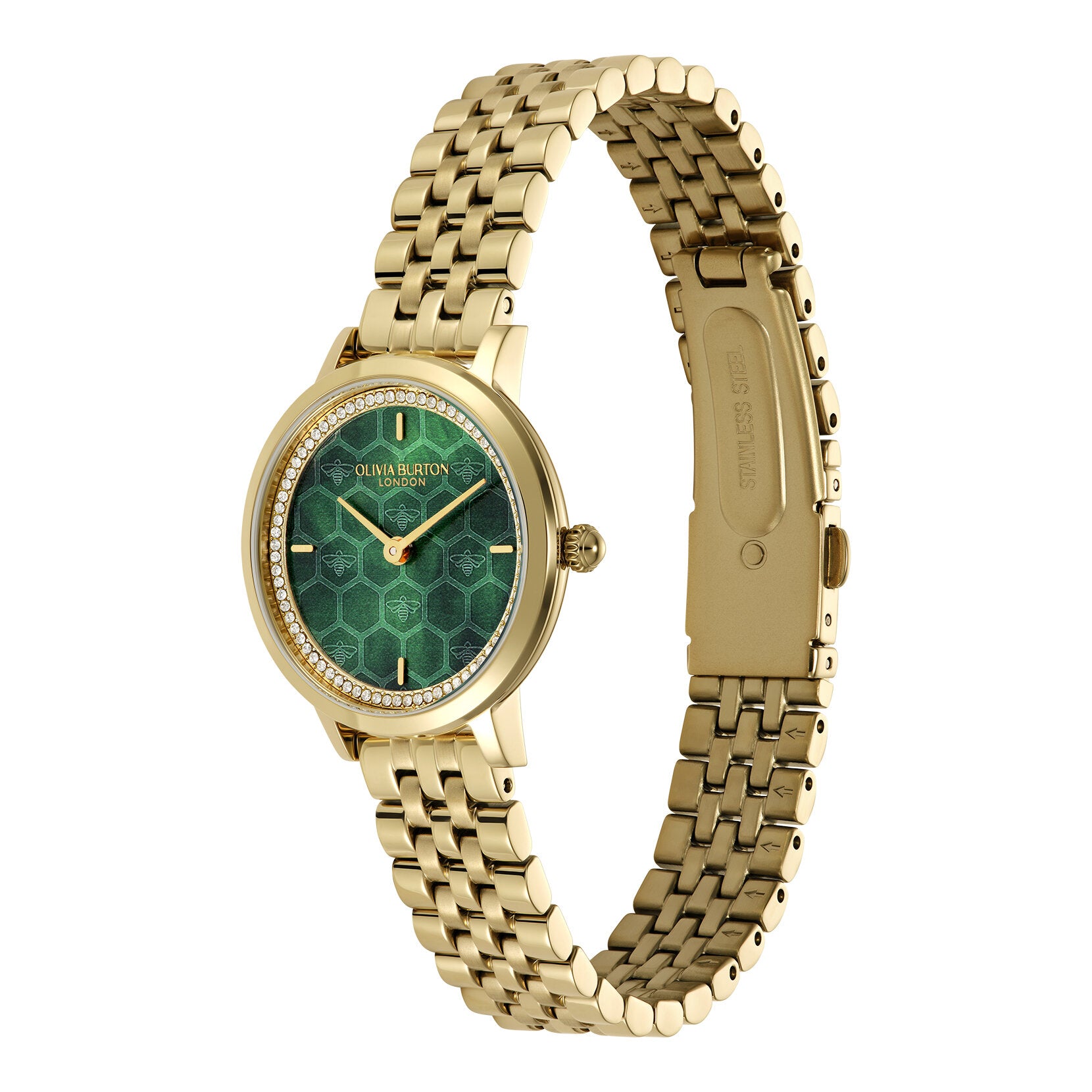 Olivia Burton Signature 28mm Honeycomb Ultra Slim Forest Green & Gold Bracelet Watch
