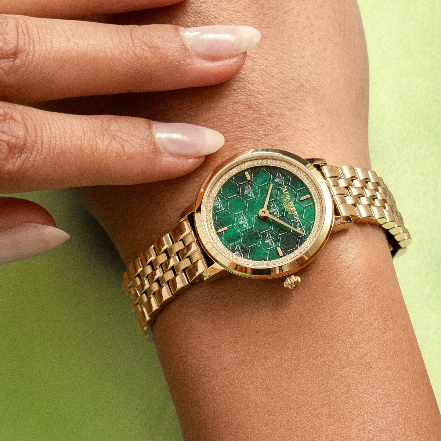 Olivia Burton Signature 28mm Honeycomb Ultra Slim Forest Green & Gold Bracelet Watch