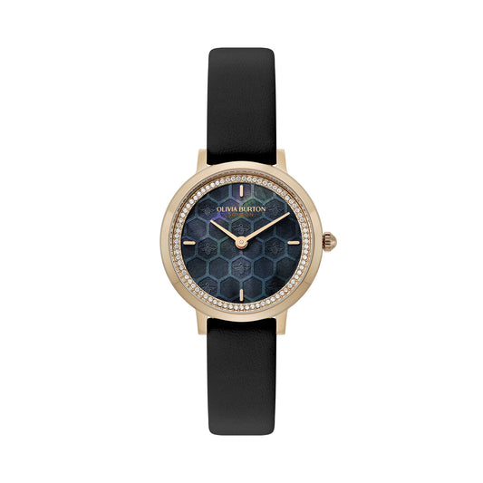 Olivia Burton Signature 28mm Honeycomb Ultra Slim Rose Gold & Black Leather Strap Watch