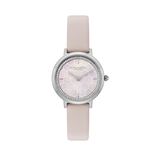 Olivia Burton Signature 28mm Honeycomb Ultra Slim Silver & Primrose Leather Strap Watch