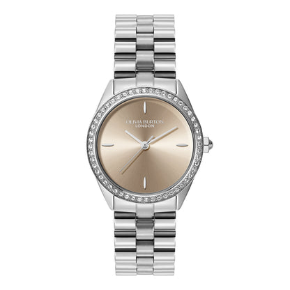 Olivia Burton Sports Luxe 34mm Bejewelled Trench Coat & Silver Bracelet Watch