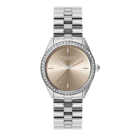 Olivia Burton Sports Luxe 34mm Bejewelled Trench Coat & Silver Bracelet Watch