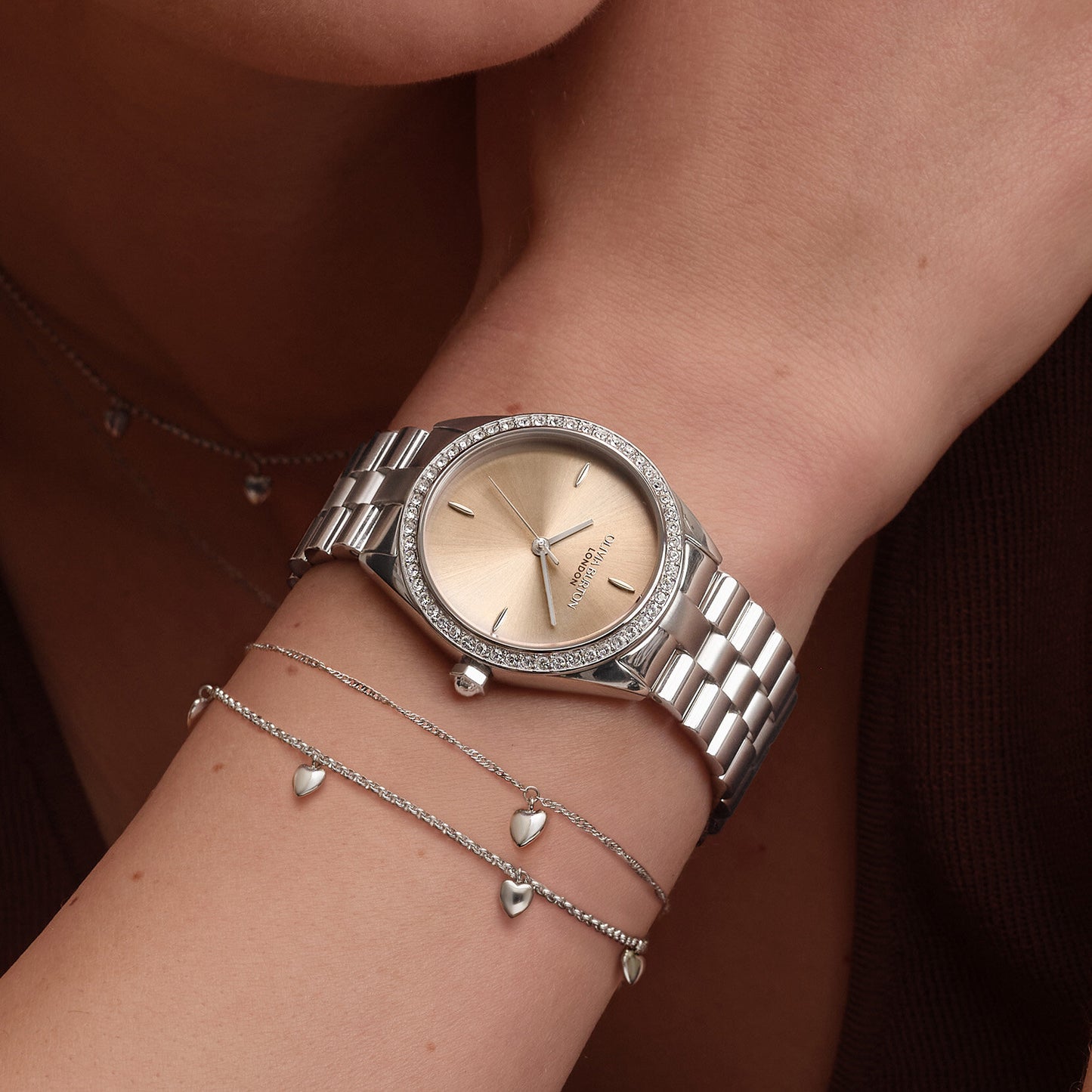 Olivia Burton Sports Luxe 34mm Bejewelled Trench Coat & Silver Bracelet Watch