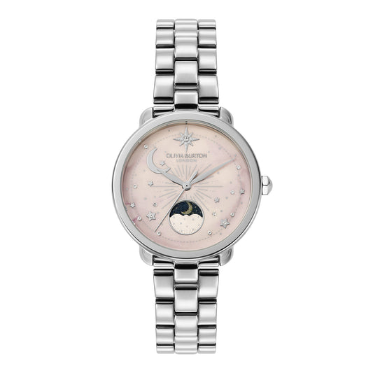 Olivia Burton Celestial 34mm Moon Phase Pink & Silver Bracelet Watch