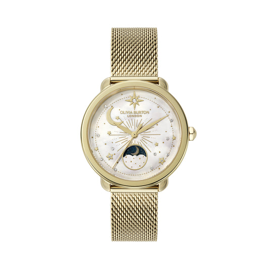 Olivia Burton Celestial 34mm Moon Phase White & Gold Mesh Watch