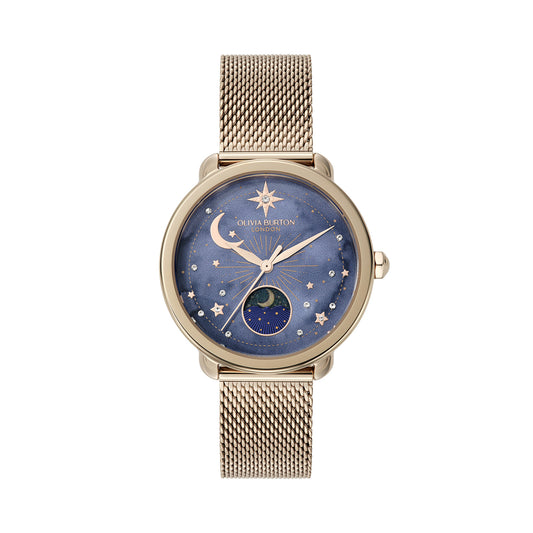 Olivia Burton Celestial 34mm Moon Phase Navy & Rose Gold Mesh Watch