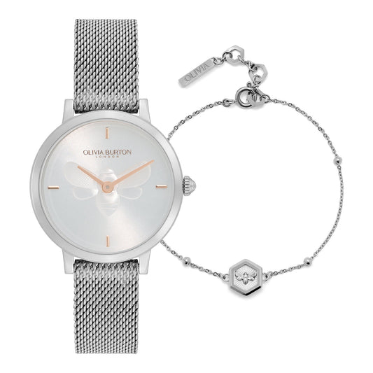 Olivia Burton Signature 28mm Bee Ultra Slim Silver Mesh Watch & Minima Bee Bracelet Gift Set