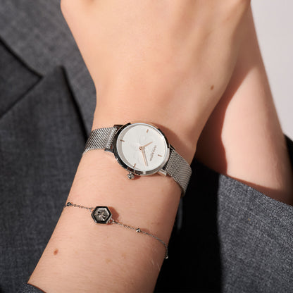 Olivia Burton Signature 28mm Bee Ultra Slim Silver Mesh Watch & Minima Bee Bracelet Gift Set