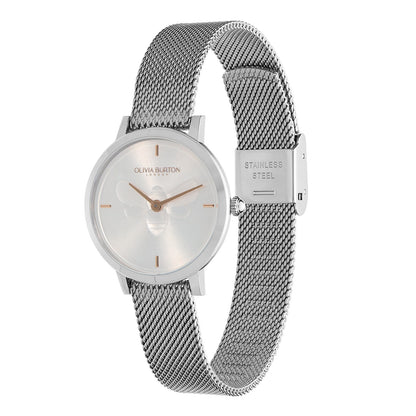 Olivia Burton Signature 28mm Bee Ultra Slim Silver Mesh Watch & Minima Bee Bracelet Gift Set