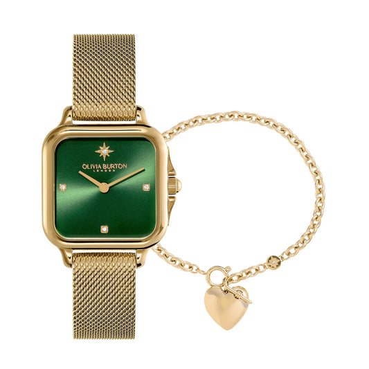 Olivia Burton Classic 28mm Grosvenor Green & Gold Mesh Watch & Knot Heart Bracelet Gift Set