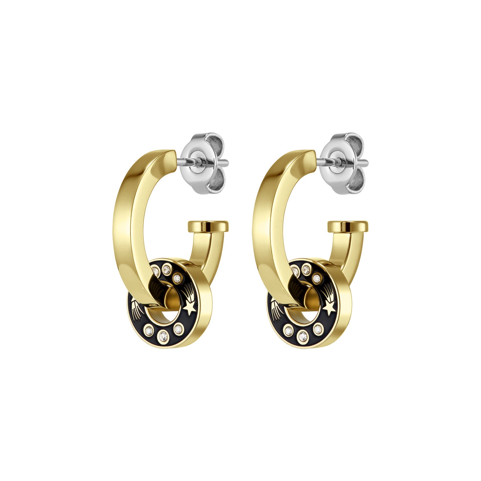 Olivia Burton Signature Shooting Star Onyx & Gold Plated Hoop Earrings