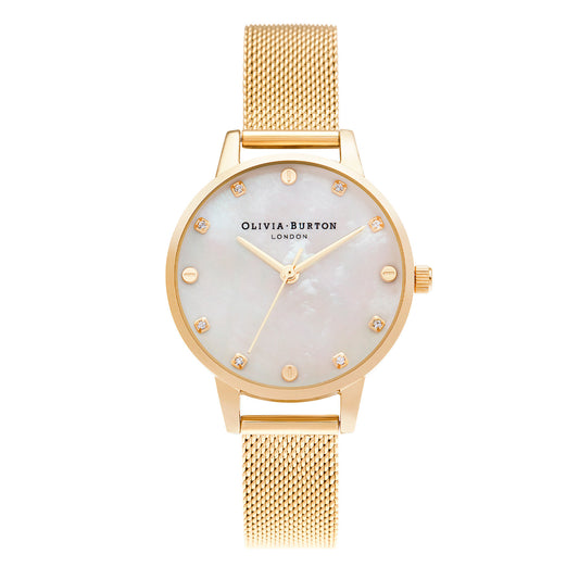 Olivia Burton Classics 30mm White & Gold Mesh Watch