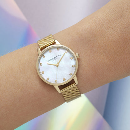 Olivia Burton Classics 30mm White & Gold Mesh Watch