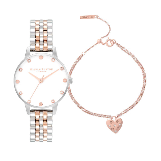 Olivia Burton Classics 30mm Silver & Rose Gold Bracelet Watch & Classic Bracelet Gift Set